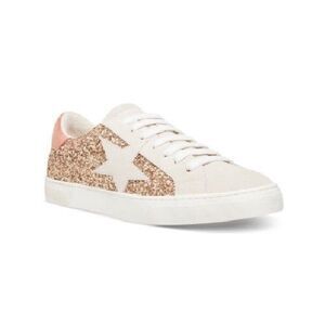 Steven New York Womens 6 Gold Pink Sparkle Lace Up Distressed Sneakers NIB YY5